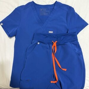 Figs Blue Scrub Set with Orange Accents